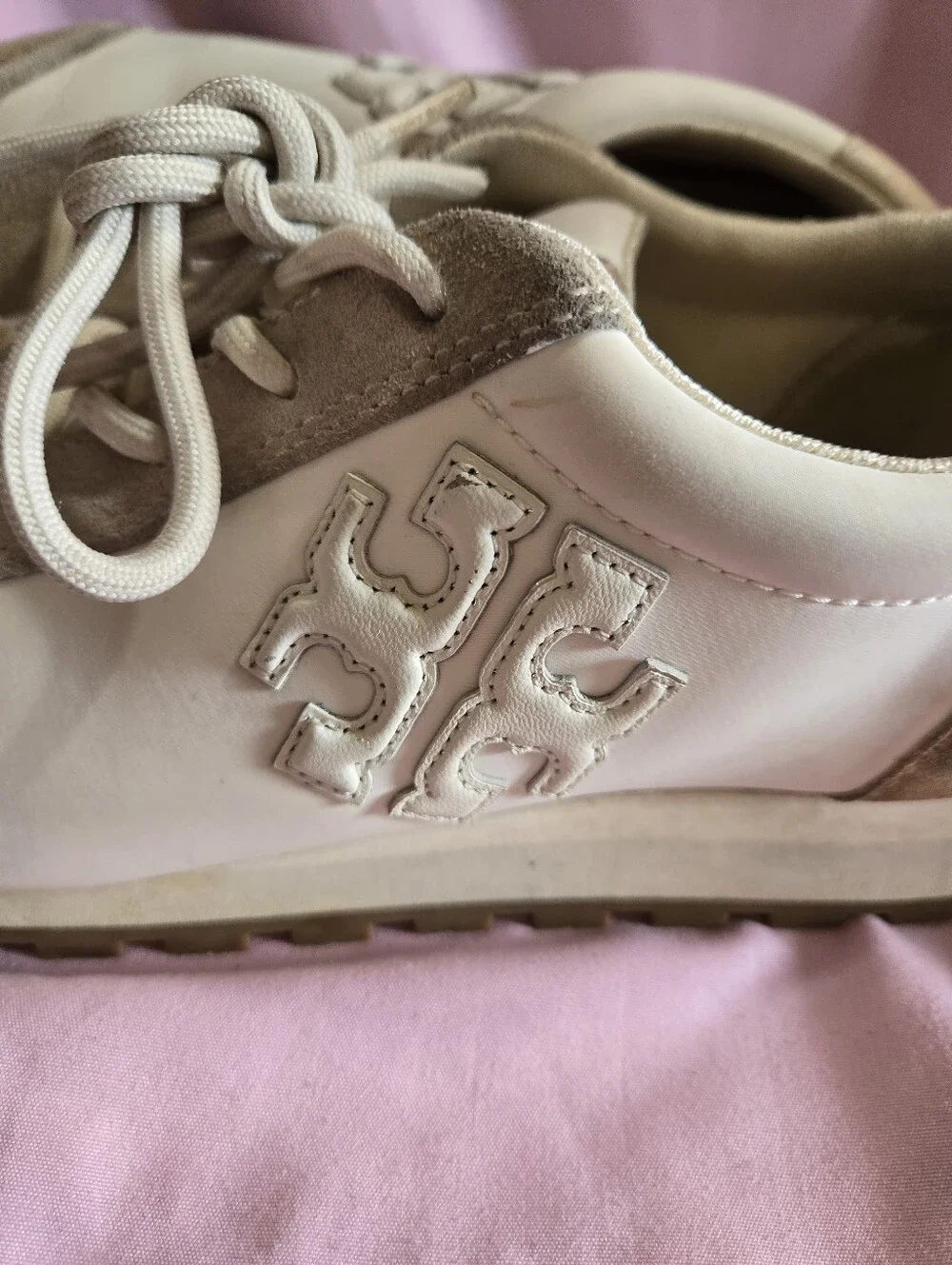 Tory Burch Beige & White Nylon, Leather & Suede-Trim Running Sneakers